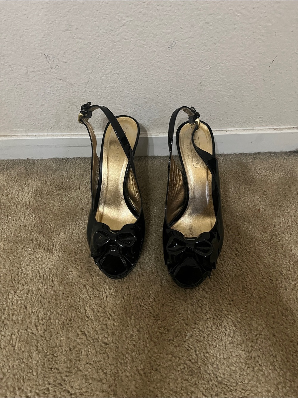 Coach Black Patent Peep-Toe Slingback Heels with Bow Detail